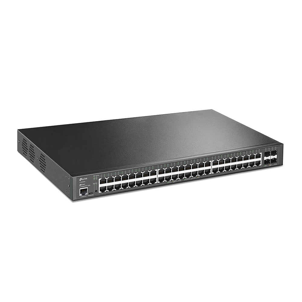 Switch L2+ Omada PoE+ / 48 Puertos PoE+ 10/100/1000 Mbps / 4 Puertos SFP+ 10G / 2 Puertos Consola (RJ45 y microUSB) / Administración Centralizada Omada o Stand-Alone / Multicast IGMP / Calidad de Servicio / Presupuesto PoE 500W / Montaje en Rack