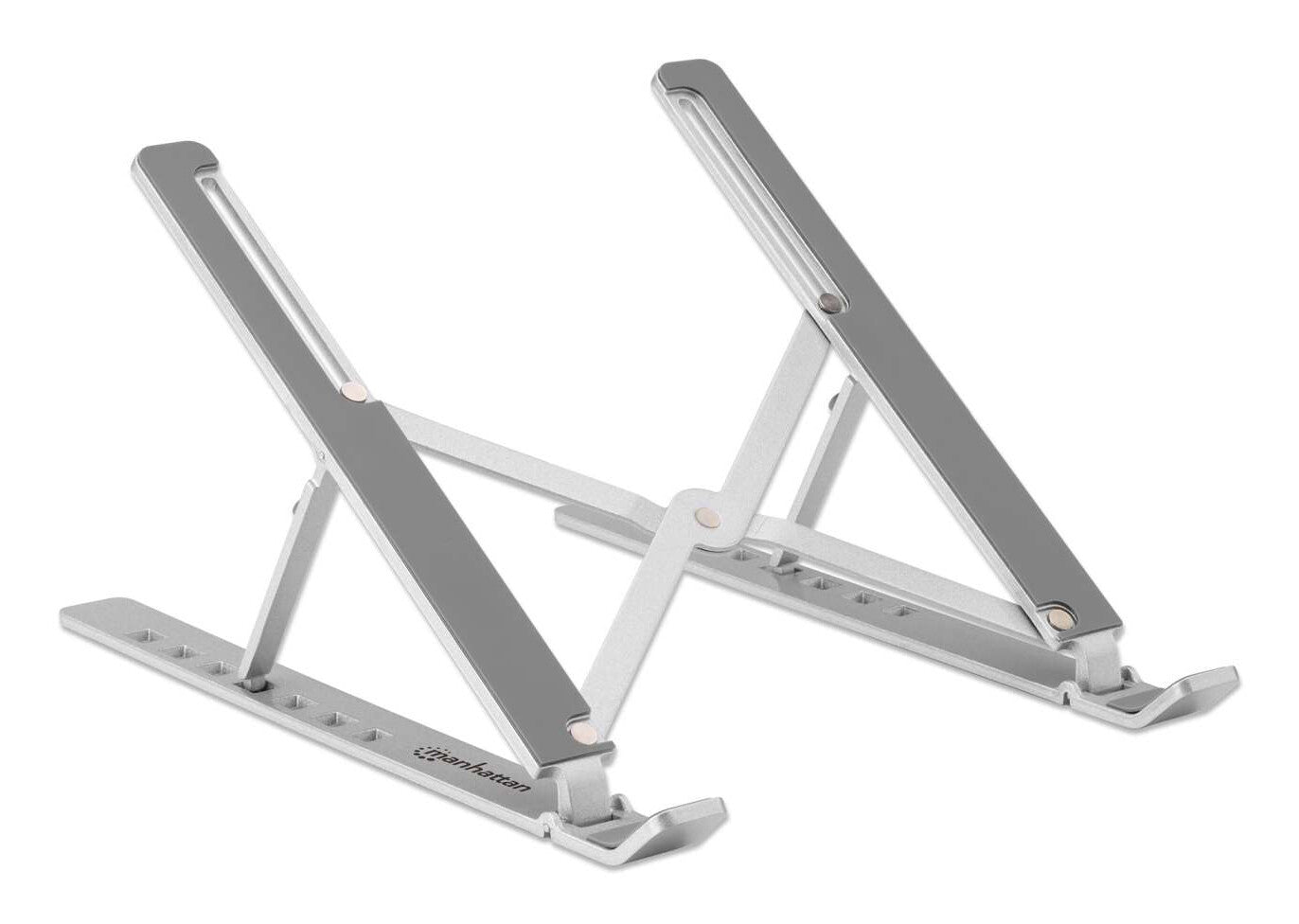 Manhattan Soporte ergonómico, plegable en siete posiciones, para laptops y otros dispositivos de hasta 15.6" y 5 kg (11 lbs.), ligero, aluminio de alta calidad, ventilado, color plateado