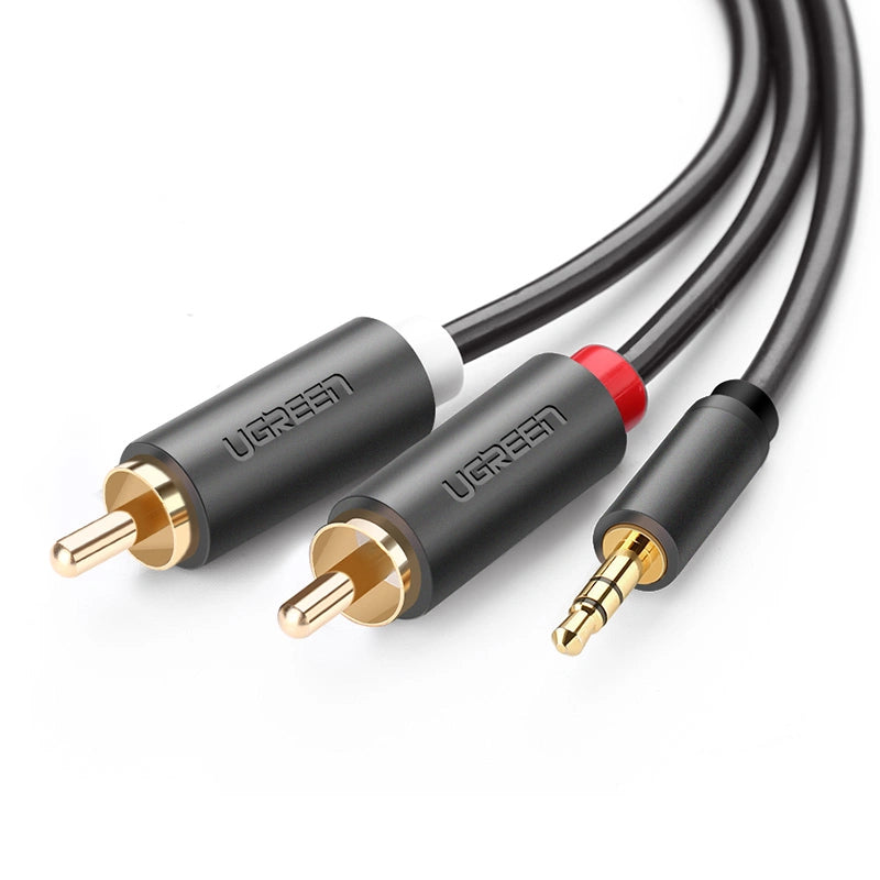 Cable Adaptador de 3.5mm Macho a 2 RCA Macho / 5 Metros (16.40 Pies) / Color Gris / Blindaje Múltiple / ABS / Alta Calidad