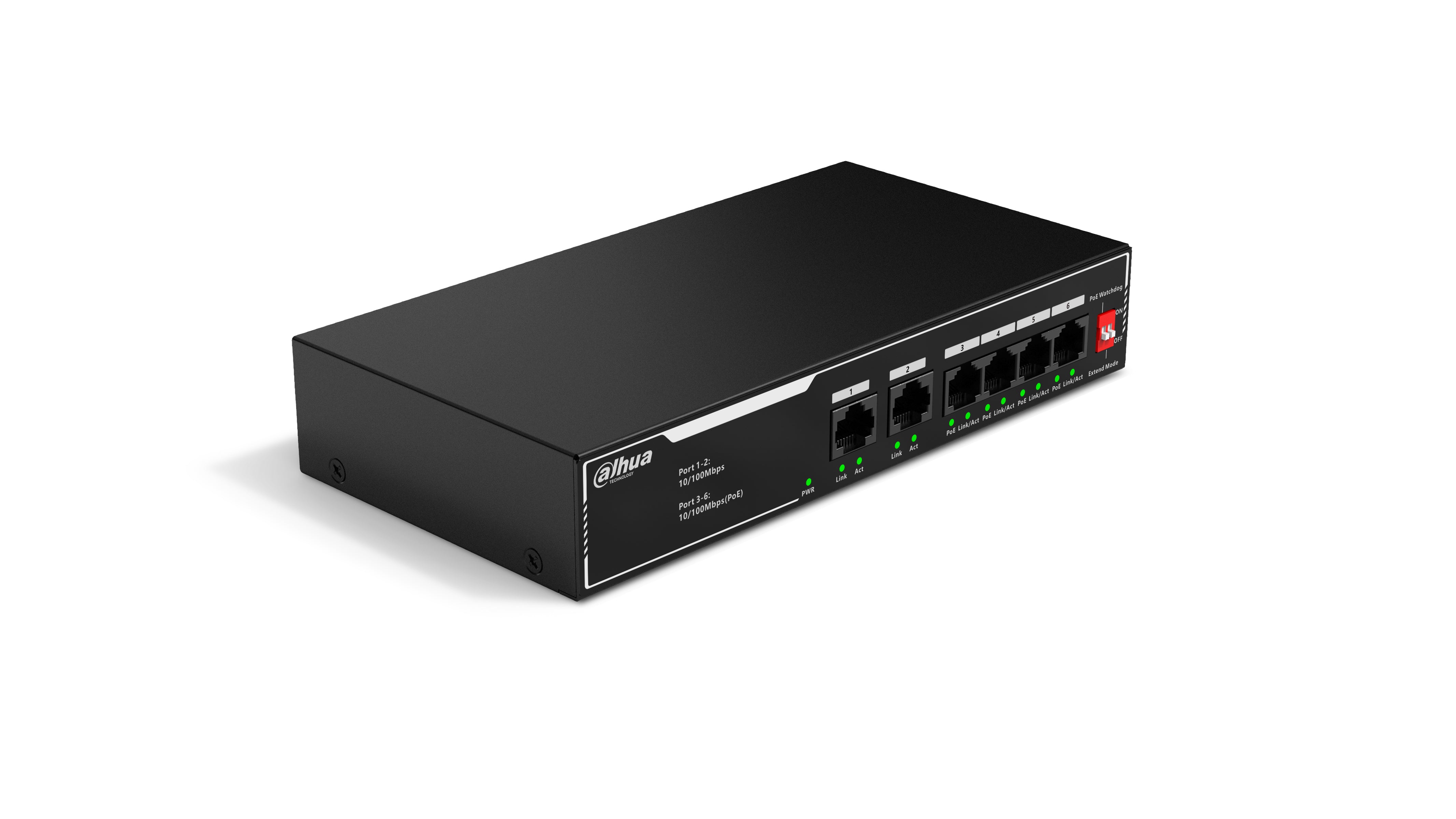 SWITCH/ DAHUA/ DH-SF1006LP/POE DE 6 PTOS FAST ETHERNET/ 4 PTOS POE 10/100/ 36 WATTS TOTALES/ 2 PTOS UPLINK RJ45 10/100/ POE WATCHDOG/ SOPORTA HASTA 250MTS SOBRE UTP CAT 6/ PROTECCION CONTRA DESCARGAS