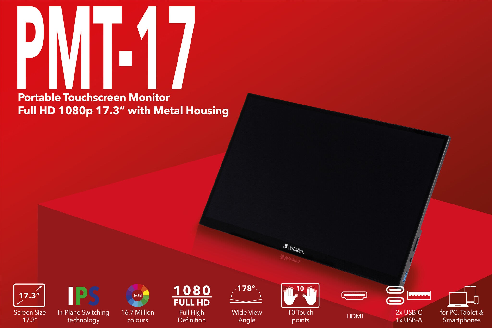 Verbatim 49593 monitor de computadora 43.9 cm (17.3") 1920 x 1080 Pixeles Full HD LCD Pantalla táctil Negro