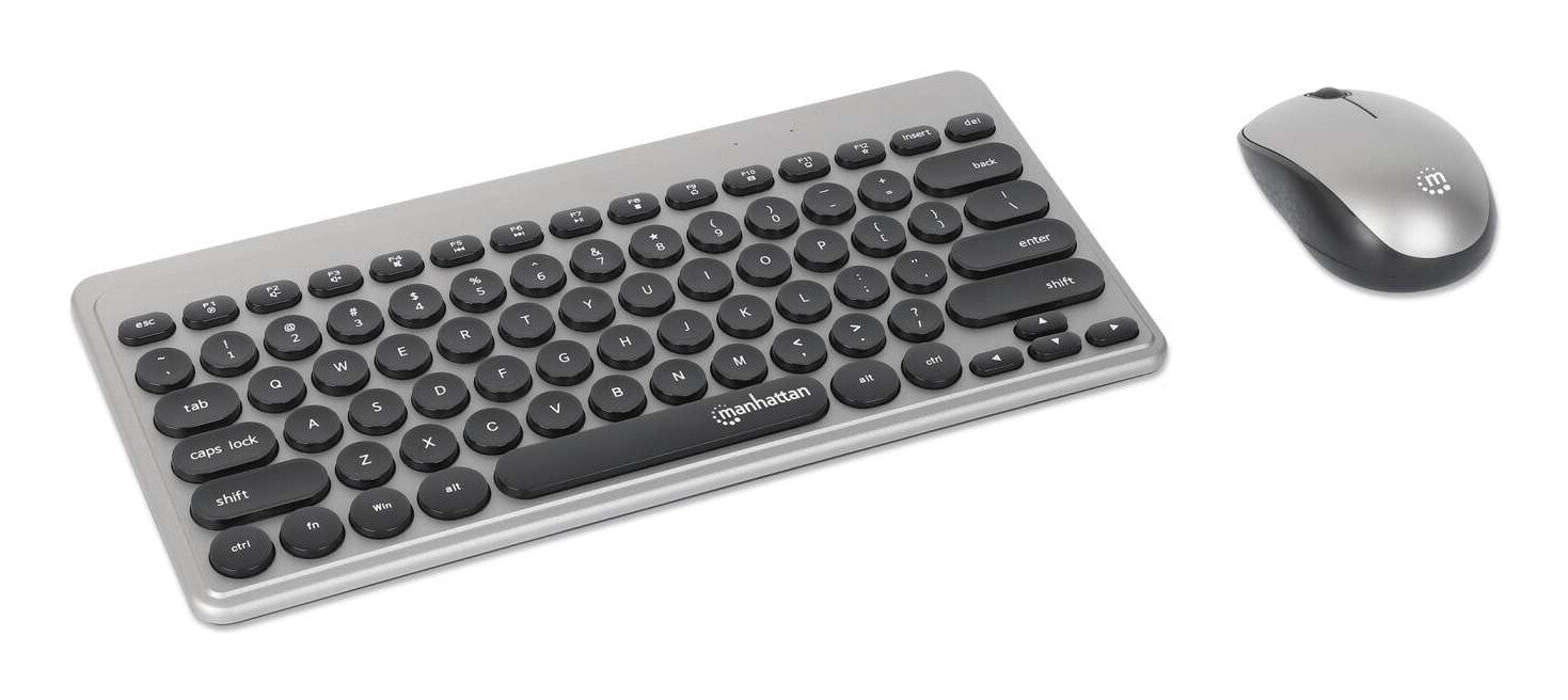 Manhattan Un solo receptor USB-A Nano para ambos, teclado inalámbrico con 12 teclas multimedia/función, mouse óptico ambidiestro con tres botones y rueda de desplazamiento, 1200 ppp, negro/plateado
