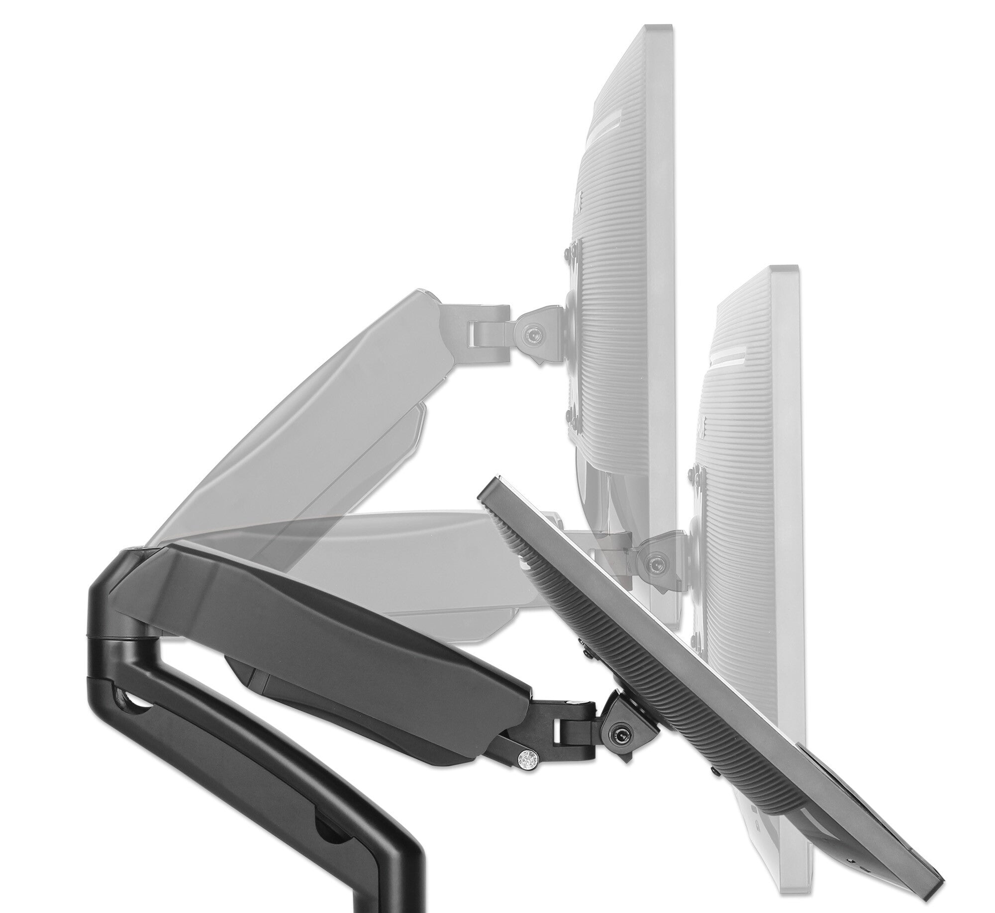 Manhattan Los brazos articulados sujetan dos monitores de 17" a 32" de hasta 9 kg cada uno; ajustes de altura, inclinación, giro y rotación de movimiento completo; instalación con abrazadera en C o pasacables; negro