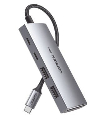 HUB USB-C 3.2 4 en 1 | 2 Puertos USB-C 3.2 (10 Gbps) | 2 Puertos USB-A 3.2 (10 Gbps) |  Admite OTG | Compatible con MacBook, Chormebook, iMac, iPad Pro, iOS, Windows, Mac OS, Android | Carcasa de Aluminio | Nylon Trenzado.