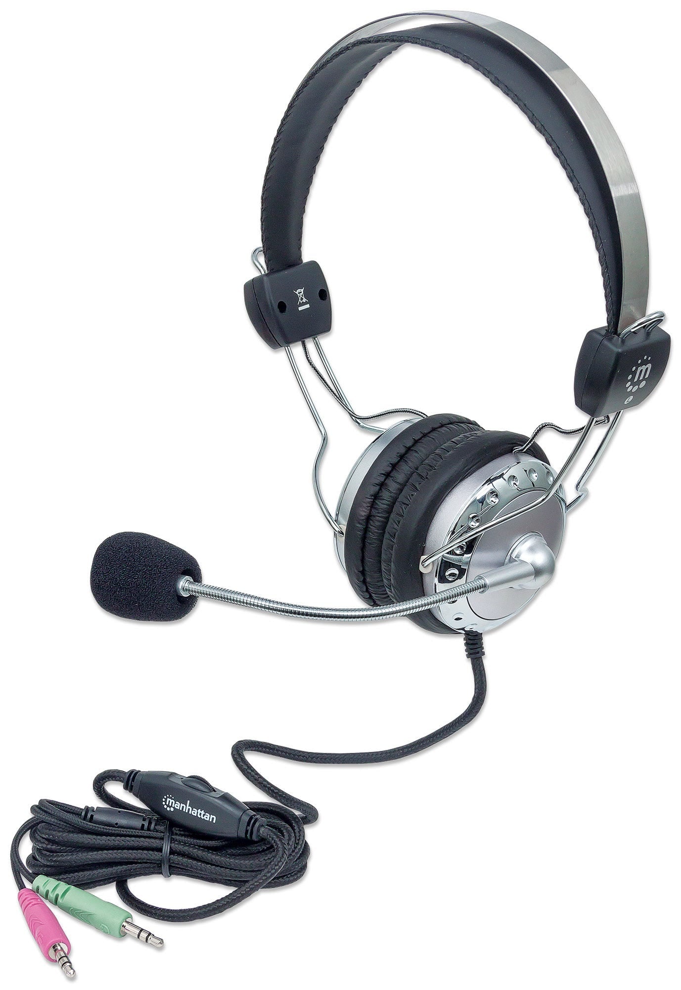 Manhattan Stereo Headphones with Flexible Metallic Extension Microphone, Black-Silver