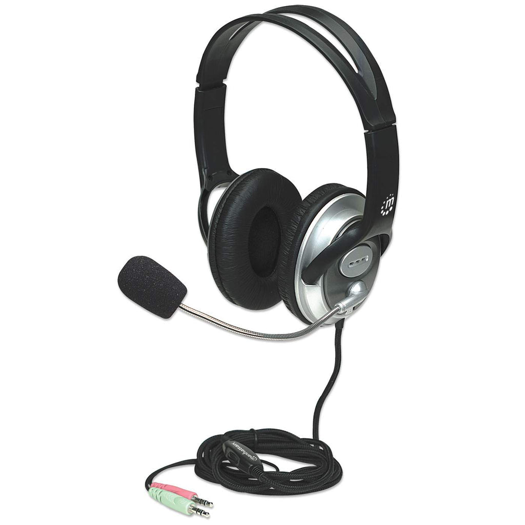 Manhattan Classic Stereo Headphones with Flexible Metallic Extension Microphone, Black-Silver