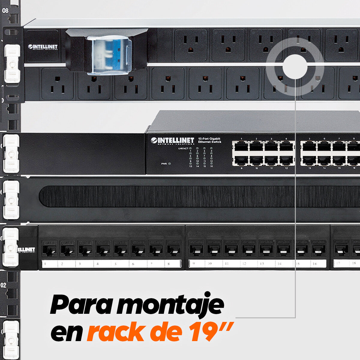 Intellinet Barra multicontactos de 15 salidas para montaje en 2U de rack de 19" - Enchufes Tipo EU (NEMA 5)