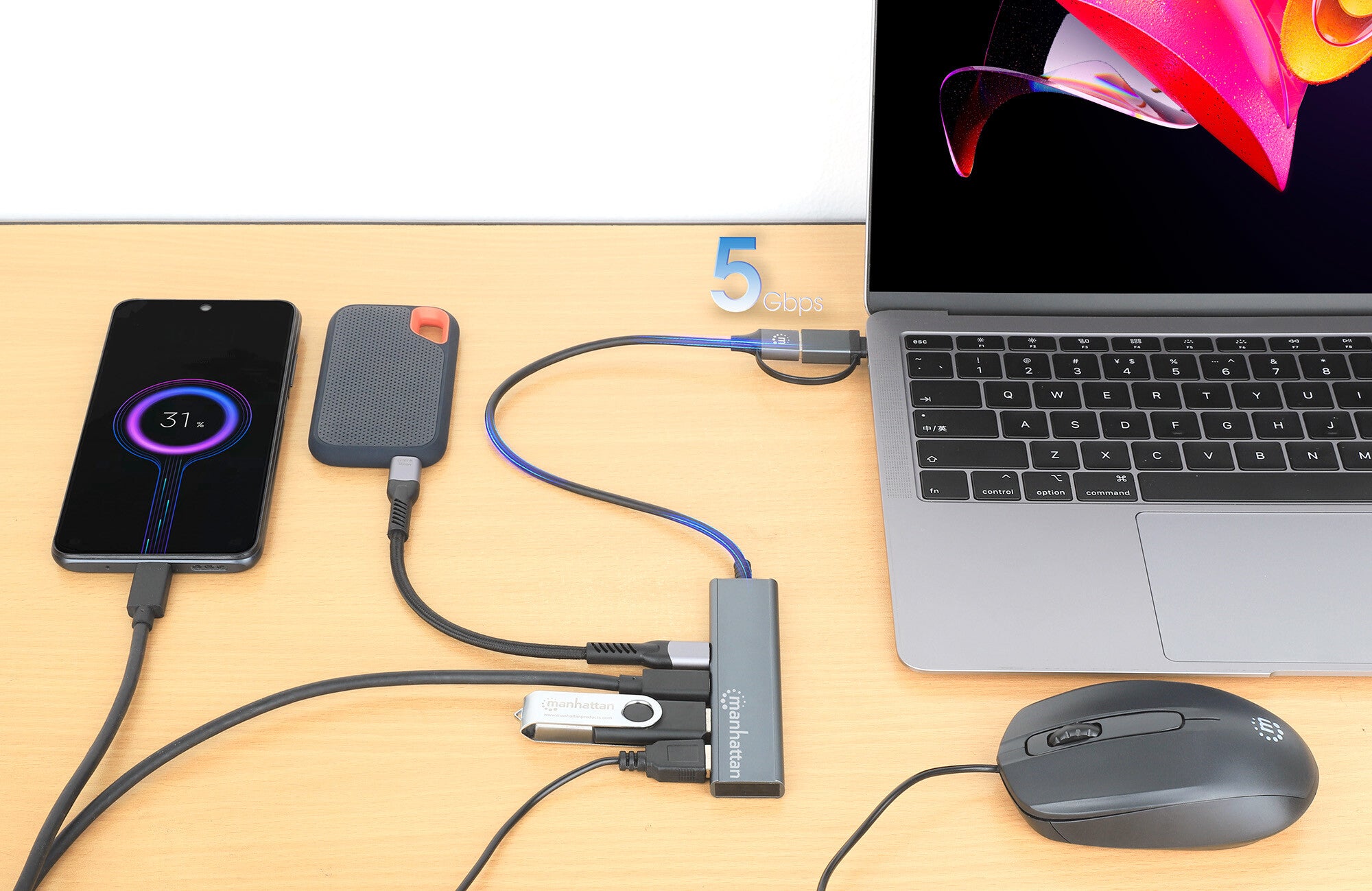 Manhattan Conector adaptable de USB-A macho a USB-C macho, dos puertos USB-C hembra y dos puertos USB-A hembra, USB SuperSpeed a 5 Gbps (USB 3.2 Gen 1), alimentación por bus, aluminio, gris espacial