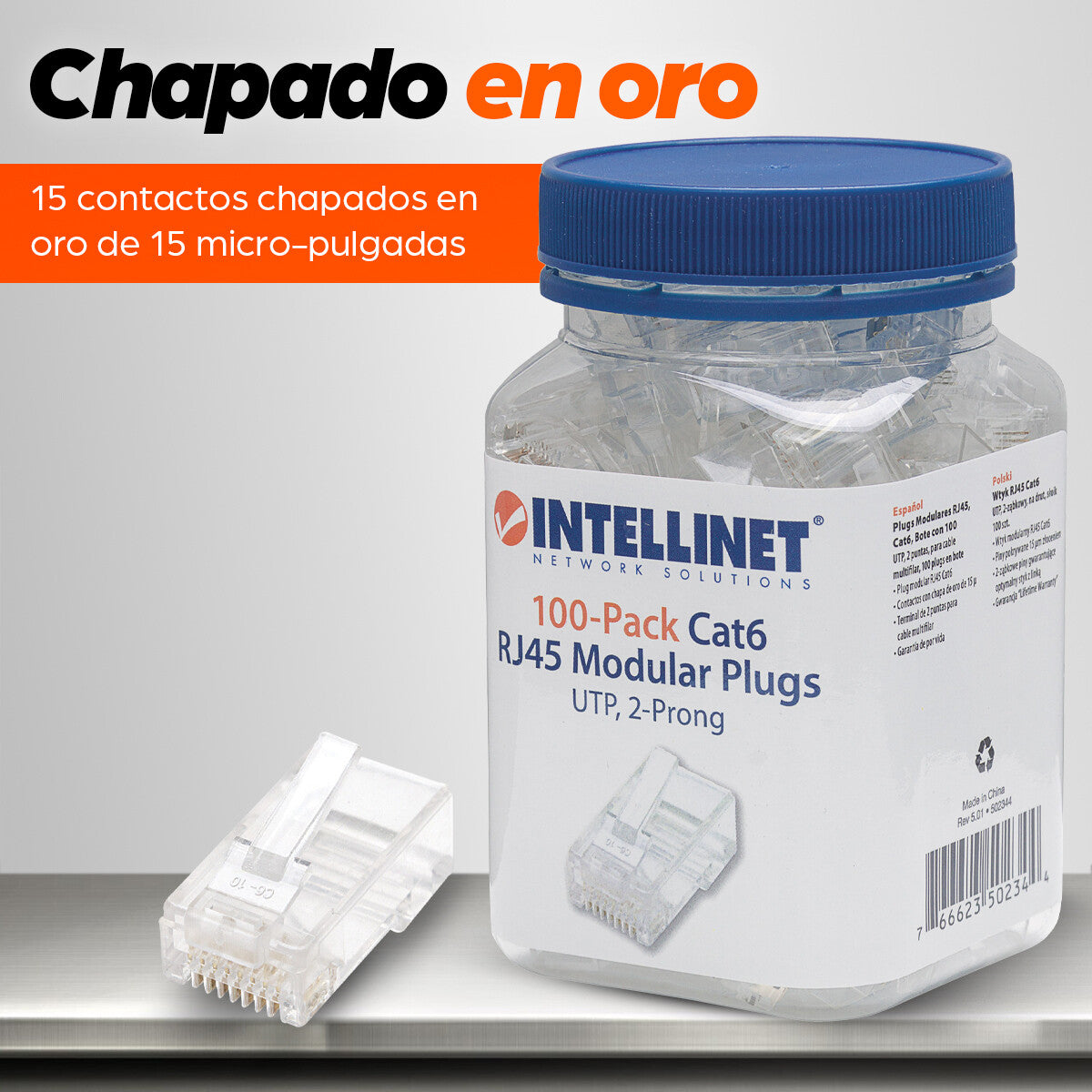 Intellinet PLUG RJ45 CAT6 MULTIFILAR UTP BOTE 100 PZAS ORO 15-MICRAS