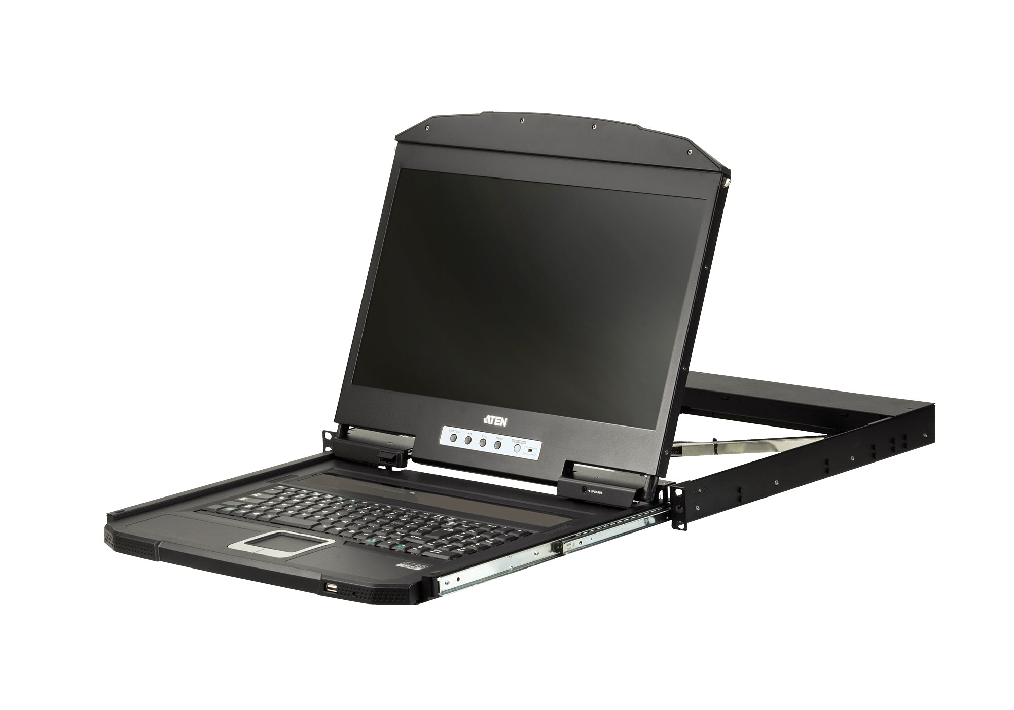 Consola LCD KVM Ultra Short Depth Single Rail | Pantalla Ancha 18.5" LED | Resolución Full HD 1920x1080 @ 60Hz | USB y HDMI | Teclado y Touchpad Integrados | Diseño Compacto para Racks | MIL-STD-810G | Compatible con KVM HDMI