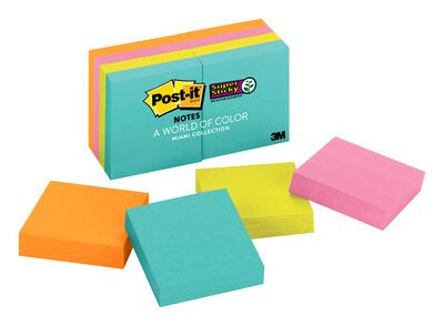 Post-It Super Sticky Notes, 2 in. x 2 in., Miami Collection, 8 Pads/Pack, 90 Sheets/Pad nota autoadhesiva Azul, Verde, Naranja, Rosa 90 hojas Autoadhesivo