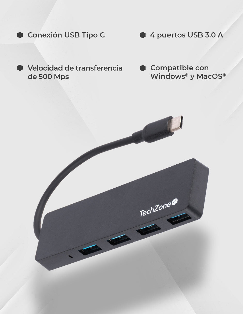 TechZone Connect HUB 3.0 USB 3.2 Gen 1 (3.1 Gen 1) Type-C 500 Mbit/s Negro