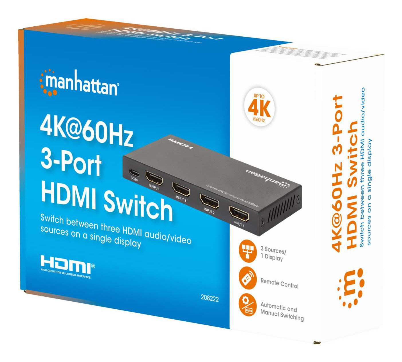 Manhattan Alterna entre tres entradas HDMI en una salida HDMI (3x1), 4K60Hz, 18G, conmutación automática y manual, mando a distancia por infrarrojos, negro