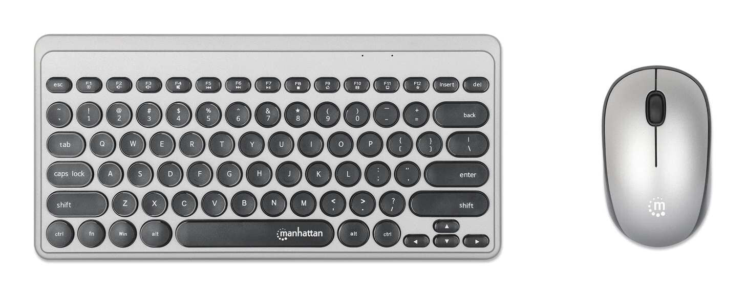 Manhattan Un solo receptor USB-A Nano para ambos, teclado inalámbrico con 12 teclas multimedia/función, mouse óptico ambidiestro con tres botones y rueda de desplazamiento, 1200 ppp, negro/plateado
