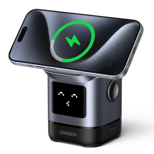 Cargador Inalámbrico Robot 2 en 1 UGREEN Qi2 / 15W Ultra Rápido para iPhone / 5W para AirPods / Pantalla Inteligente con Expresiones / Imanes N48H / Puerto USB-C 5W para Apple Watch / Compatibilidad MPP