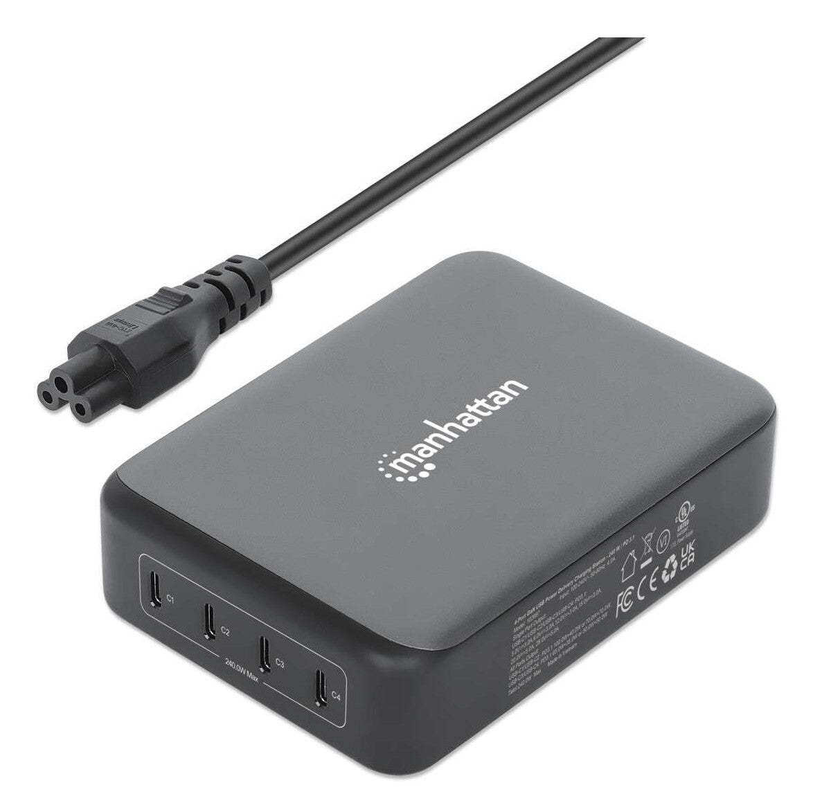 Manhattan Cuatro puertos USB-C PD con hasta 140 W por puerto, 240 W de salida total, Power Delivery 3.1, negro