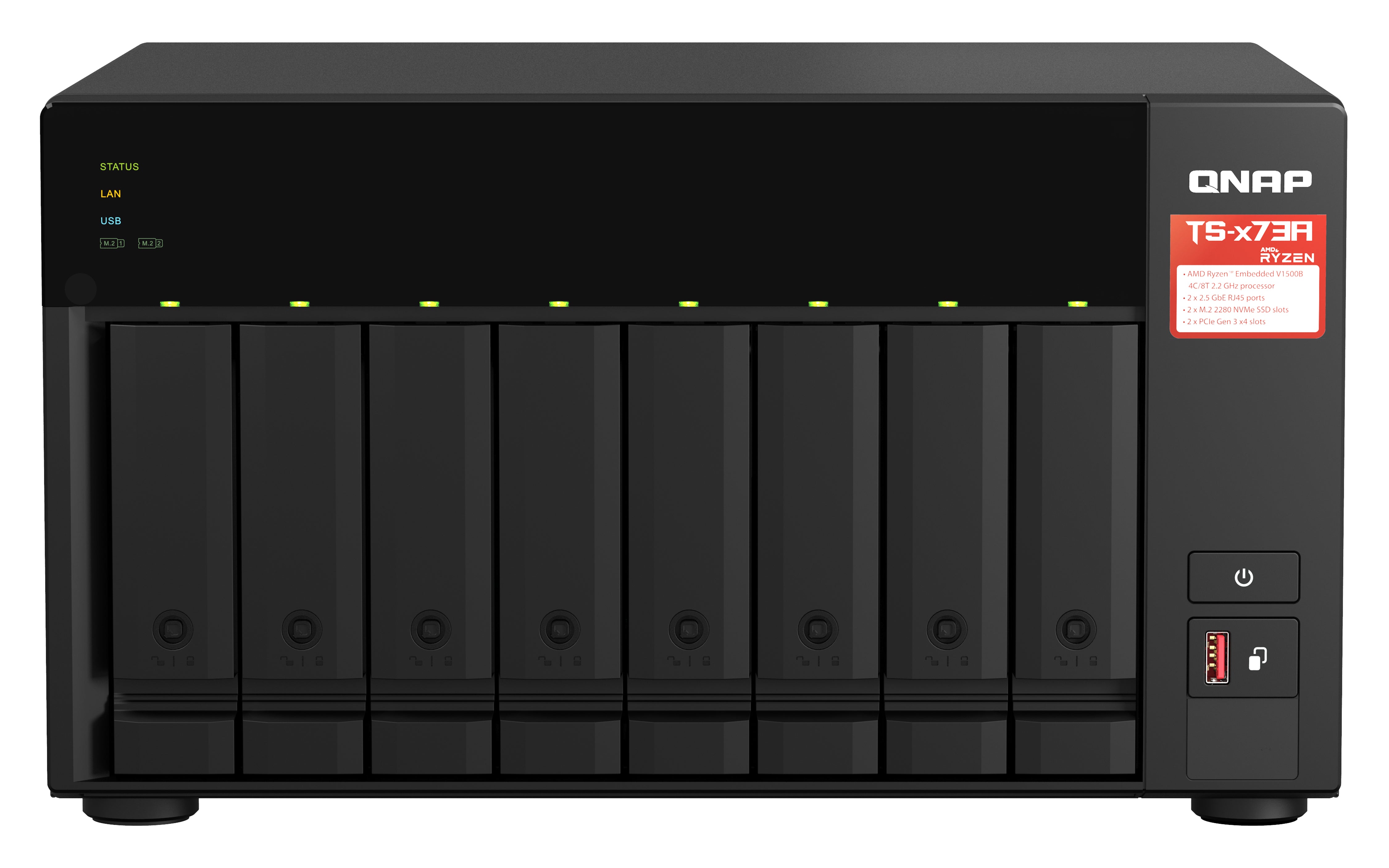NAS QNAP TS-873A-8G-US /8 BAHIAS SATA DE 3,5 /NCLEO CUADRUPLE 2.2GHZ/ 8GB DDR4 HASTA 64 GB/ LAN 2,5 GBE X2/ USB 3.2 X2/HOT SWAP/ SOPORTA M.2 2280/ NO INCLUYE DISCOS