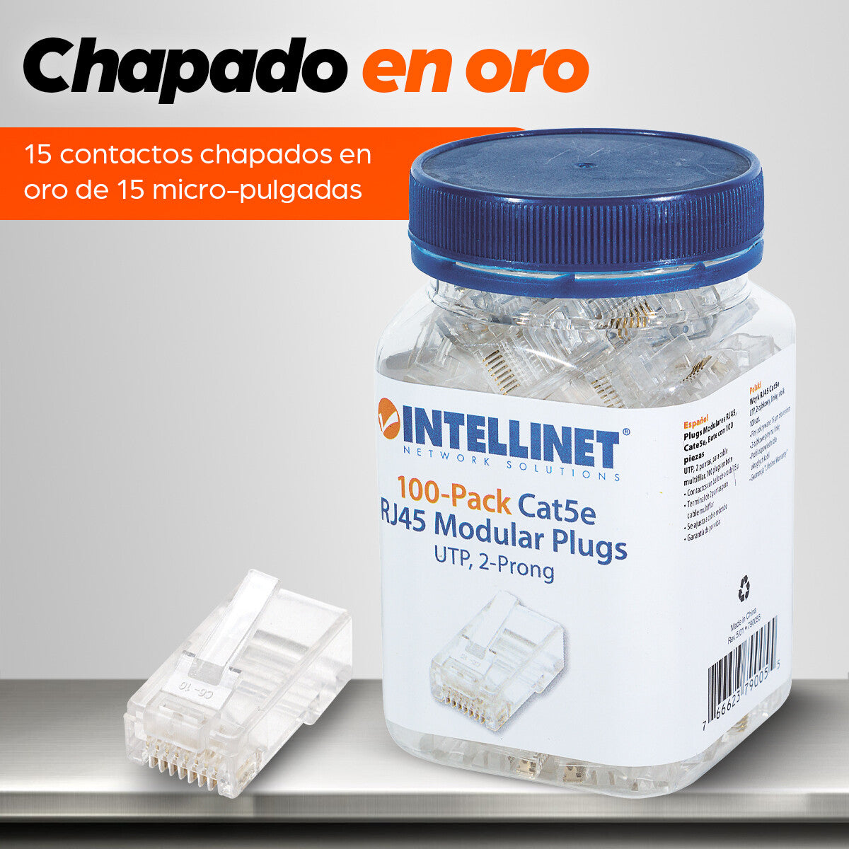 Intellinet PLUG RJ45 CAT5E MULTIFILAR UTP BOTE 100 PZAS ORO 15-MICRAS