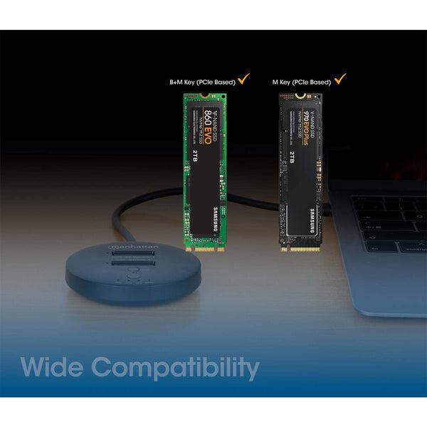 Manhattan Estación de acoplamiento y clonación de SSD M.2 NVMe. Base para duplicar o acceder a unidades M.2, con cable integrado USB-C SuperSpeed+ a 10 Gbps (USB 3.2 Gen 2), para unidades SSD 2230/2242/2260/2280/22110 con llave M o llave B+M, negro