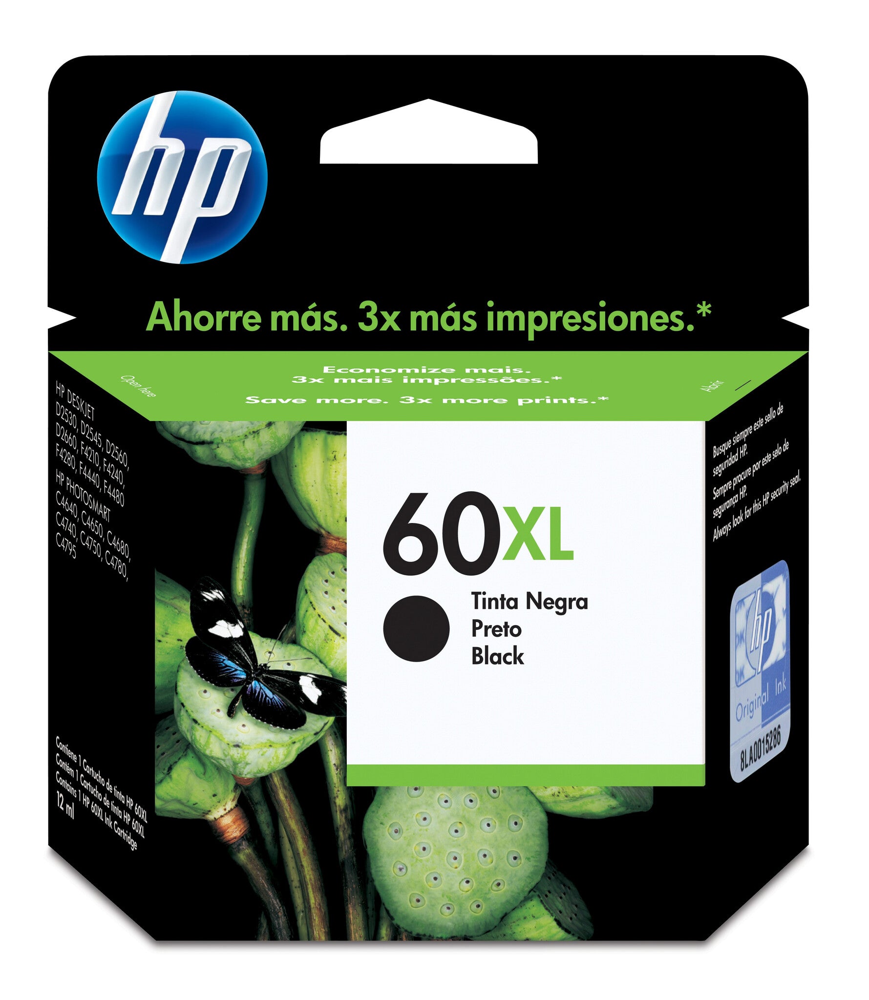 HP Cartucho original de tinta negra de alto rendimiento 60XL