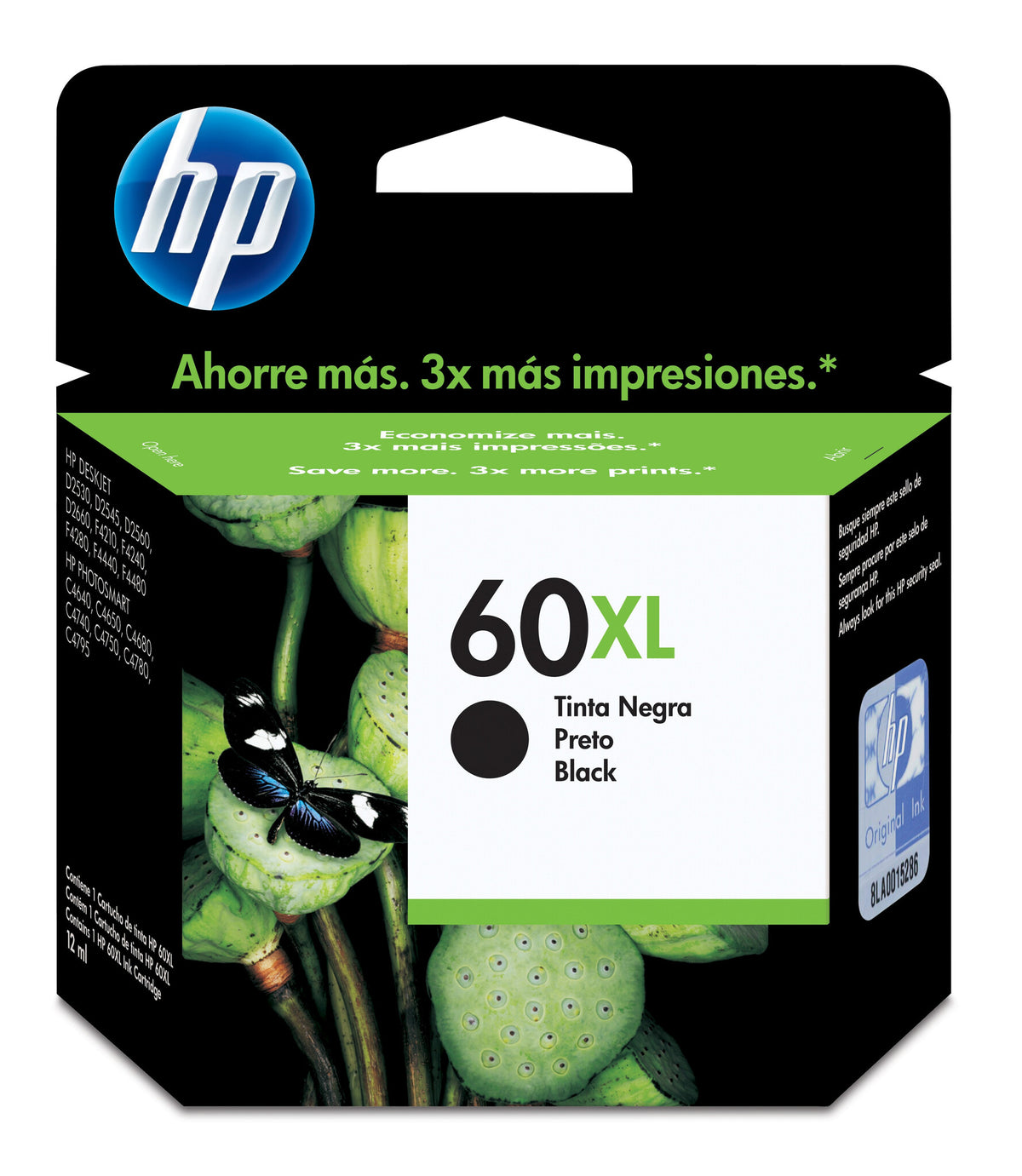 HP Cartucho original de tinta negra de alto rendimiento 60XL