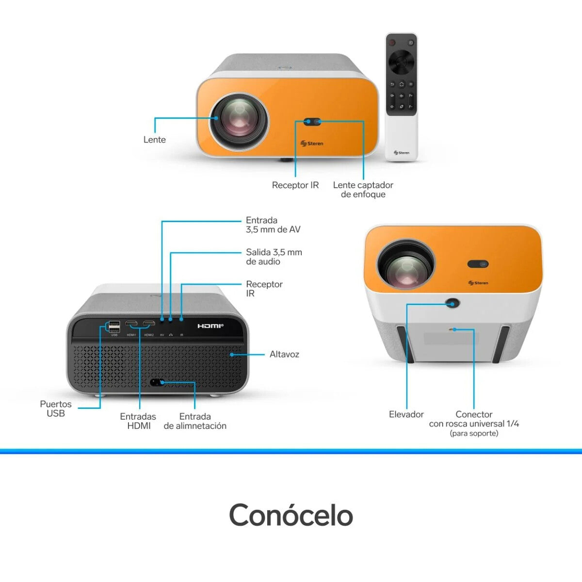 Steren PRO-4000 video proyector Proyector de alcance estándar 300 lúmenes ANSI 1080p (1920x1080) Gris, Naranja, Blanco