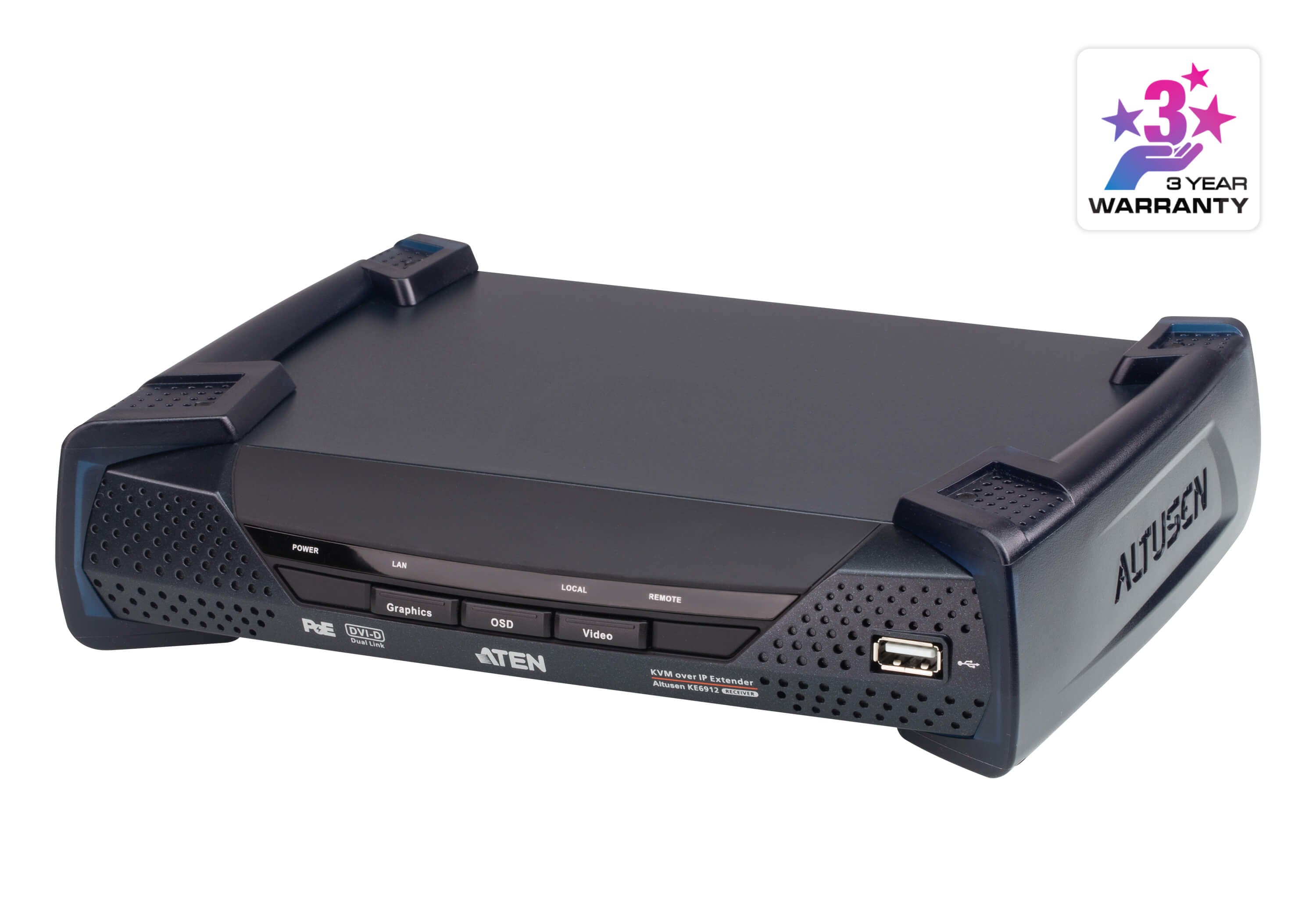Receptor KVM por IP | DVI-D Dual Link 2K | PoE | Resolución 2560x2048 | SFP 10 km | AES-128 | Audio Estéreo | RS-232 | Montaje Rack