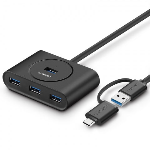 HUB USB-A y C 3.0 4 en 1 | Con Conector USB-C y USB-A | 4 Puertos USB-A 3.0 (5Gbps) | Cable de 25cm | Indicador Led | Ideal para Transferencia de Datos | Entrada Micro USB para alimentar equipos de mayor consumo.