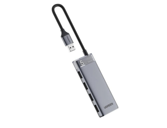 HUB USB-A 3.2 Gen1 4 EN 1 | 4 Puertos USB-A (5Gbps) | Carcasa ABS + PC | Soporta OTG | Luz Indicadora LED | Cable de Nylon Trenzado de 20cm (Mas de 20000 flexiones) | Interfaz Niquelada | Color Gris Metalizado.