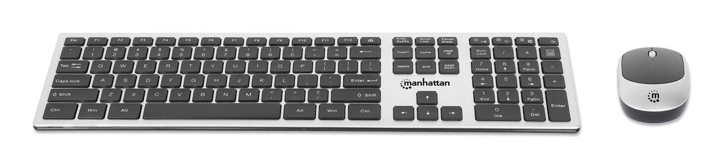 Manhattan Diseño elegante, un solo receptor USB-A Nano para ambos, teclado inalámbrico de tamaño normal, mouse óptico ambidiestro con tres botones y rueda de desplazamiento, 1200 ppp, plateado/negro