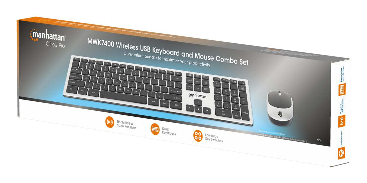 Manhattan Diseño elegante, un solo receptor USB-A Nano para ambos, teclado inalámbrico de tamaño normal, mouse óptico ambidiestro con tres botones y rueda de desplazamiento, 1200 ppp, plateado/negro