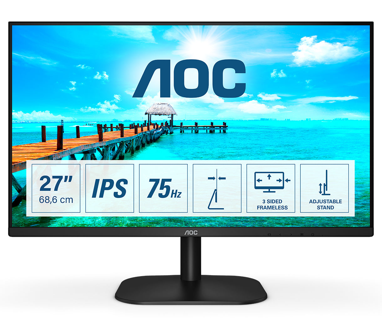 Monitor LED de 27" VESA, Resolución 1920 x 1080 Pixeles,  Entradas de Video VGA / HDMI. Panel IPS LCD  Backlight LED. Ultra Delgado