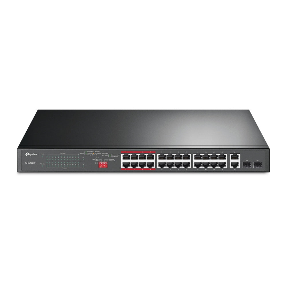 Switch No Administrable 24 Puertos PoE+ 10/100 Mbps / 2 Puertos 10/100/1000 Mbps + 2 Puertos SFP (combo) / Modo Prioridad de Tráfico / Modo Aislamiento de Red / Presupuesto PoE de 250 W / Diseño para Ideal para Vigilancia IP