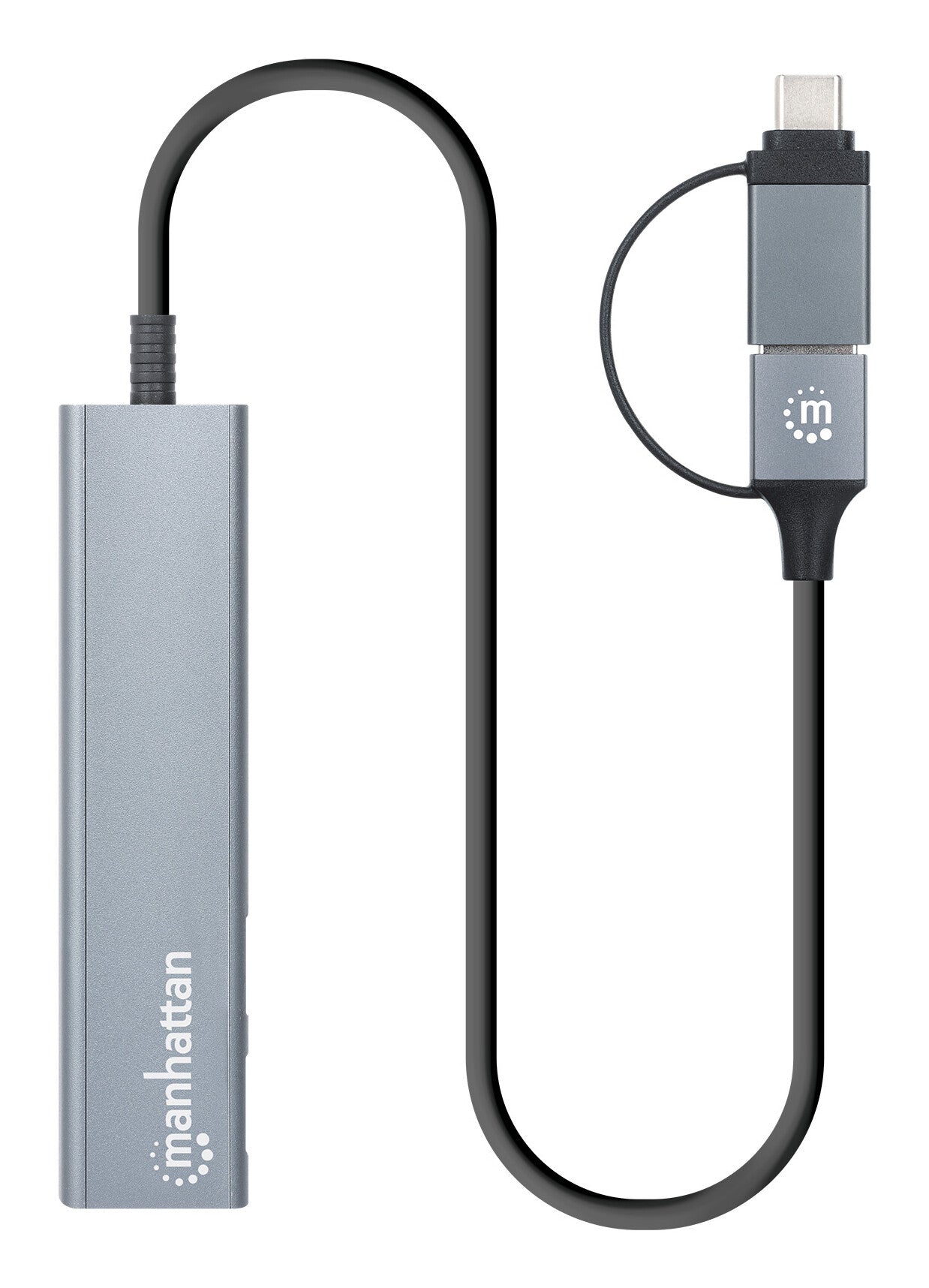 Manhattan Conector adaptable de USB-A macho a USB-C macho, dos puertos USB-C hembra y dos puertos USB-A hembra, USB SuperSpeed a 5 Gbps (USB 3.2 Gen 1), alimentación por bus, aluminio, gris espacial