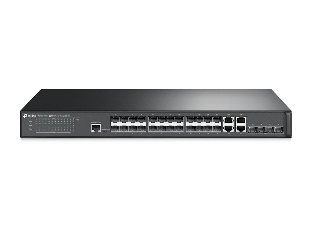 Switch JetStream Gigabit administrable capa 2, 24 puertos SFP, 4 puertos SFP+ y 4 puertos RJ45 Gigabit en combo
