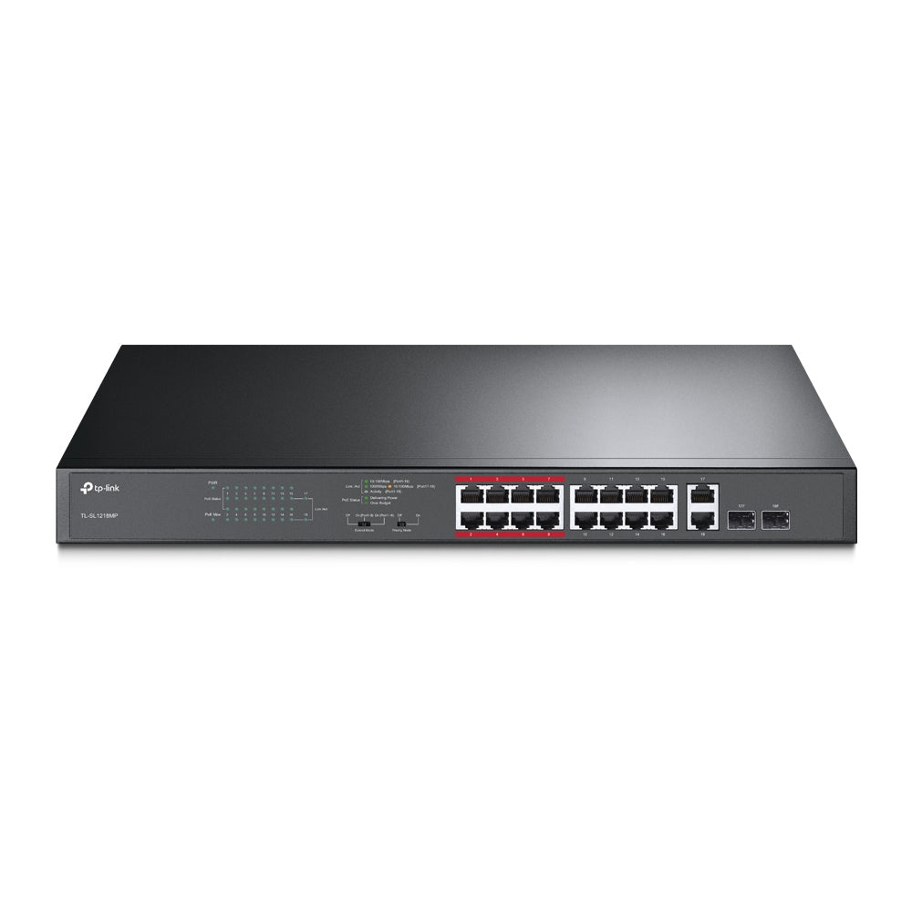 Switch PoE+ No Administrable de 16 puertos 10/100 Mbps / 2 puertos 10/100/1000 Mbps en Combo con 2 Puertos SFP / Presuuesto PoE 250 W / Extensor PoE de hasta 250 metros