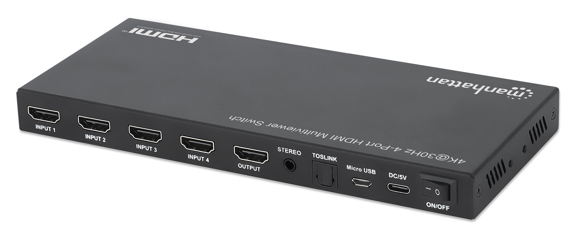 Manhattan Proyecta hasta cuatro fuentes de entrada HDMI en una pantalla de salida HDMI (4x1), múltiples opciones de visualización, incluidas imagen en imagen y pantalla doble/cuádruple, botón o control remoto, audio de 3,5 mm y Toslink, negro