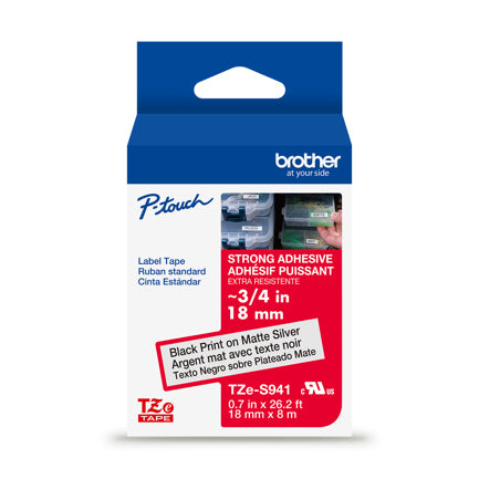 Cinta Laminada Brother con Extra Adhesivo Texto Negro sobre Cinta Plata Matte de 18mm x 8m