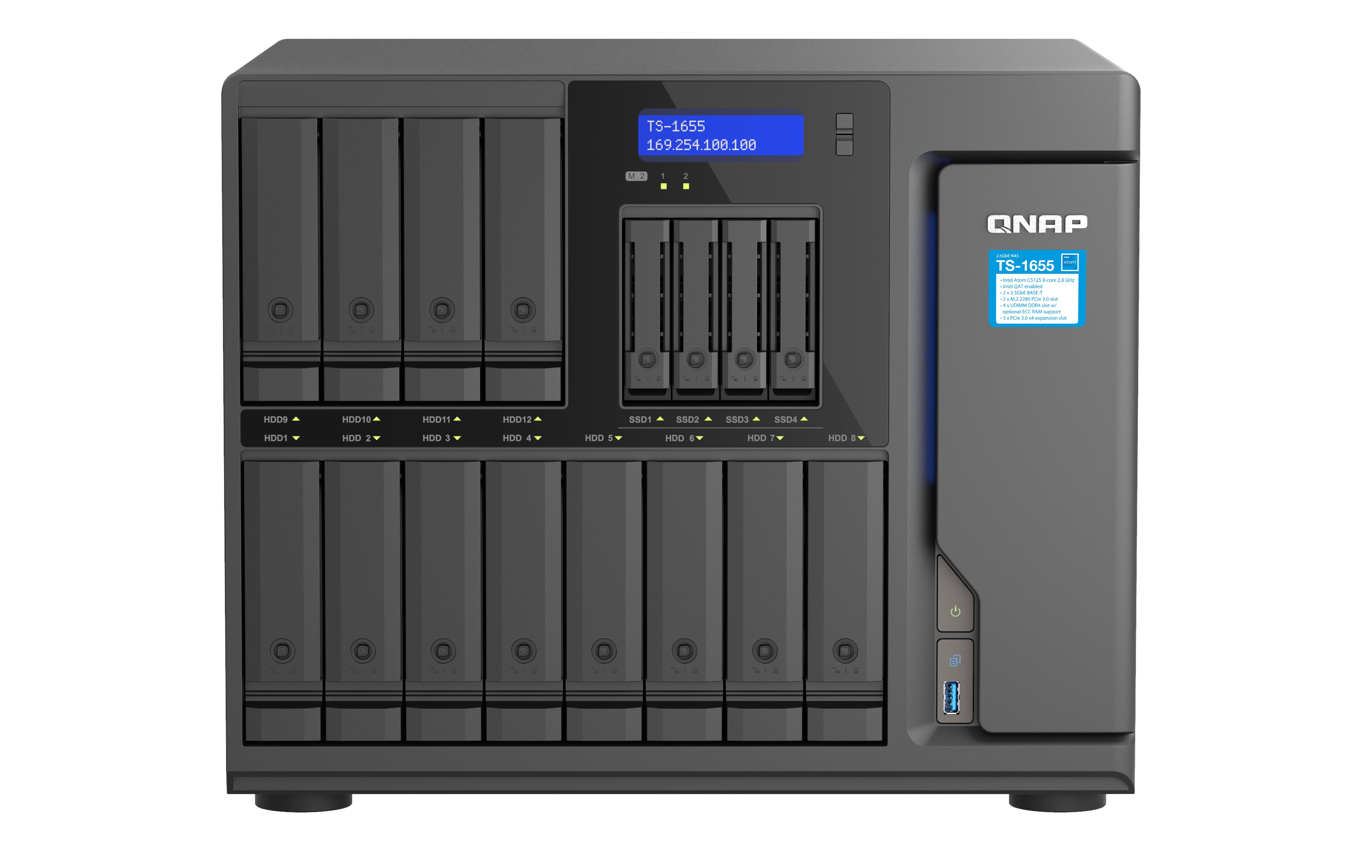 NAS QNAP TS-1655-8G/ 16 BAHIAS /12 SATA DE 3,5 4 SATA DE 2,5/OCHO NUCLEOS 2.8GHZ/8GB DDR4 HASTA 128GB/2 PTO 2,5 GBE/USB 3.2 X4/ HOTSWAP/ NO INCLUYE DISCOS/ ATOM C5125/ TORRE/ HASTA 240 TB