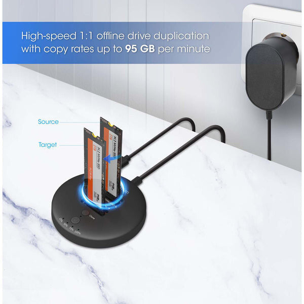 Manhattan Estación de acoplamiento y clonación de SSD M.2 NVMe. Base para duplicar o acceder a unidades M.2, con cable integrado USB-C SuperSpeed+ a 10 Gbps (USB 3.2 Gen 2), para unidades SSD 2230/2242/2260/2280/22110 con llave M o llave B+M, negro