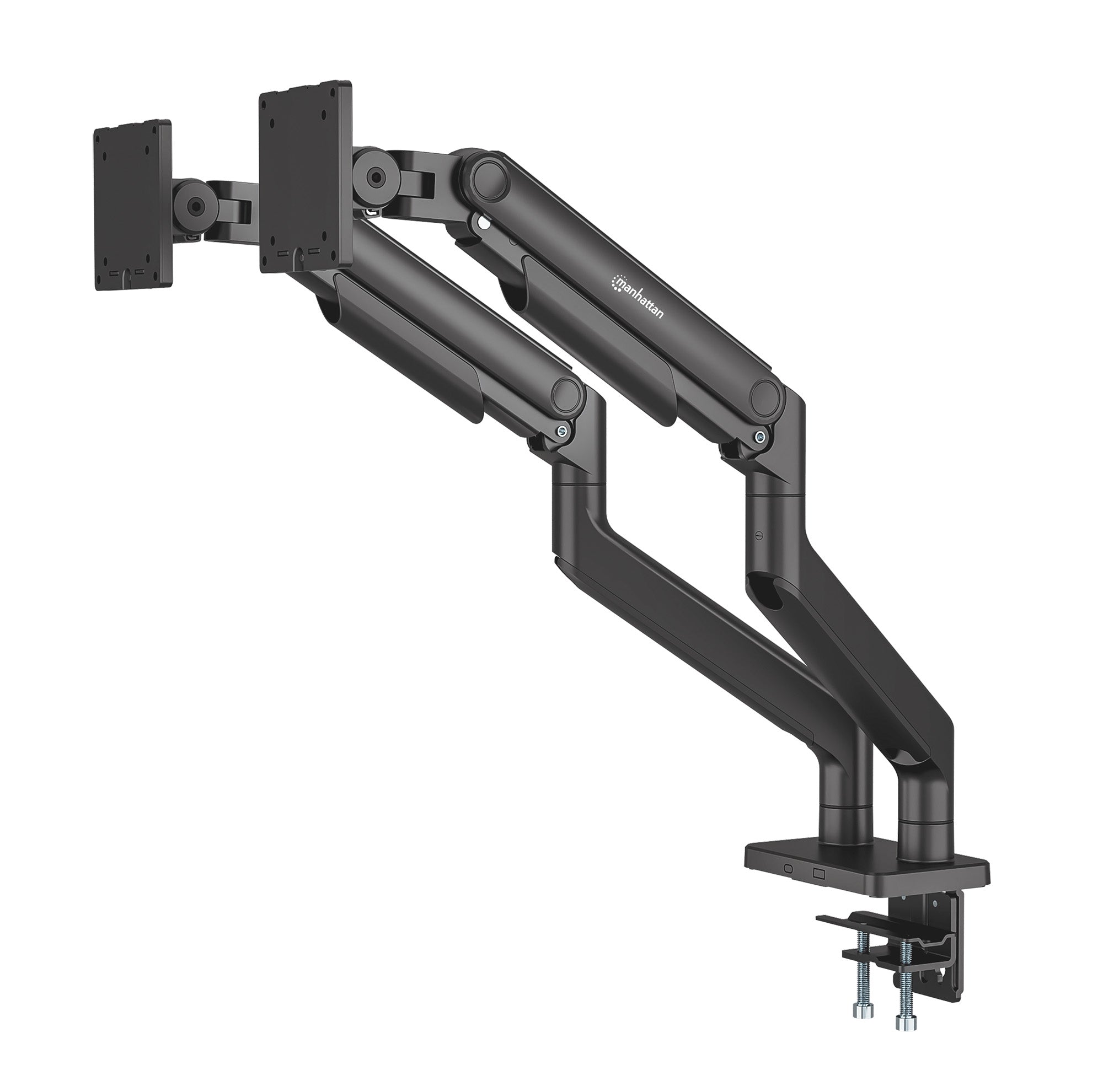 SOPORTES/MANHATTAN/462587/SOPORTE DE ALUMINIO CON SISTEMA DE PISTÓN PARA 2 MONITORES DE 17 A 45