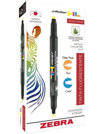 Zebra Jroller HL Double-Ended Yellow Highlighter Box of 6