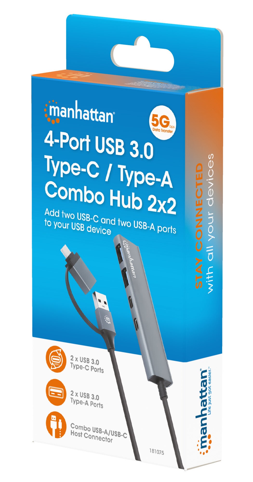 Manhattan Conector adaptable de USB-A macho a USB-C macho, dos puertos USB-C hembra y dos puertos USB-A hembra, USB SuperSpeed a 5 Gbps (USB 3.2 Gen 1), alimentación por bus, aluminio, gris espacial