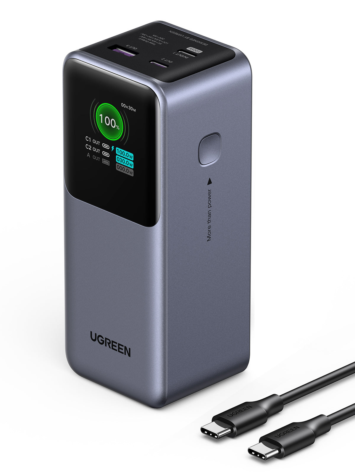 Power Bank de 20000mAh | 3 Salidas 130W Max. | USB-A + 2 USB-C | PD 3.0 | QC3.0 | FCP | SCP | Pantalla Inteligente | Carcasa Ignifuga | Color Gris | Incluye Cable USB de 50cm | Carga tu Laptop de Manera Segura.