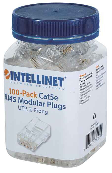 Intellinet PLUG RJ45 CAT5E MULTIFILAR UTP BOTE 100 PZAS ORO 15-MICRAS