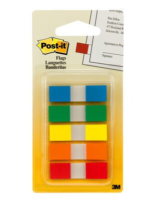 Post-It Flags, Assorted Primary Colors, 1/2 in Wide, 100/On-the-Go Dispenser bandera autoadhesiva