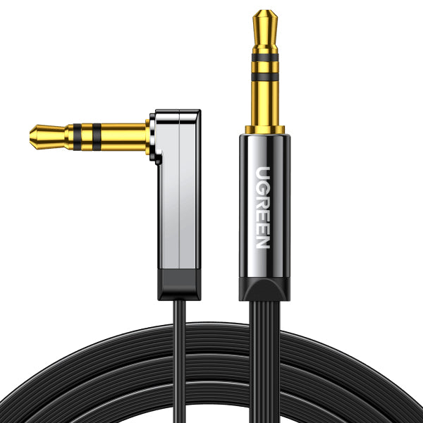Cable Auxiliar Plano 2 Metros / Conector 3.5mm a 3.5mm / Macho-Macho / Recto a Angulo / Ángulo de 90° en una de sus Puntas / Color Negro