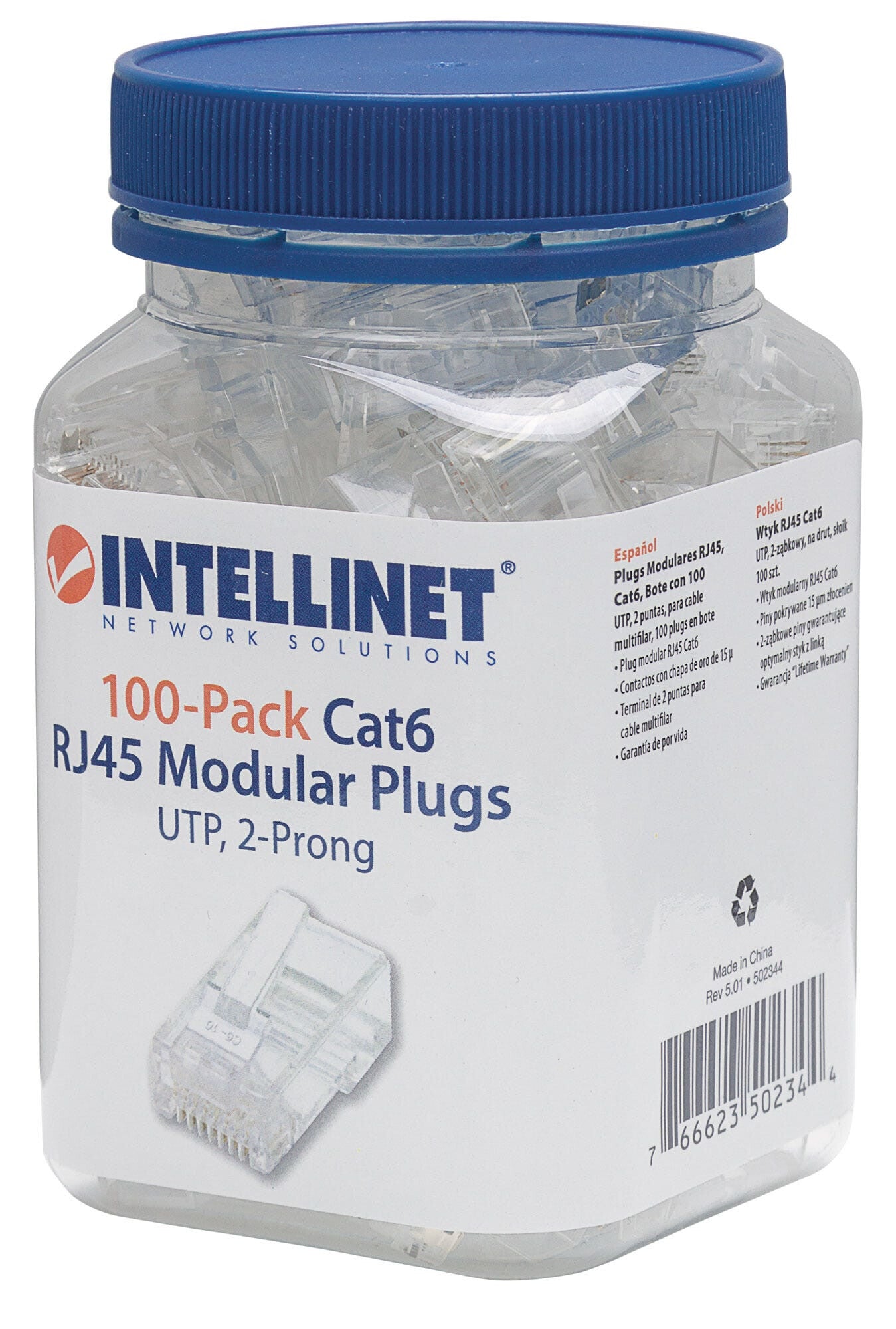 Intellinet PLUG RJ45 CAT6 MULTIFILAR UTP BOTE 100 PZAS ORO 15-MICRAS