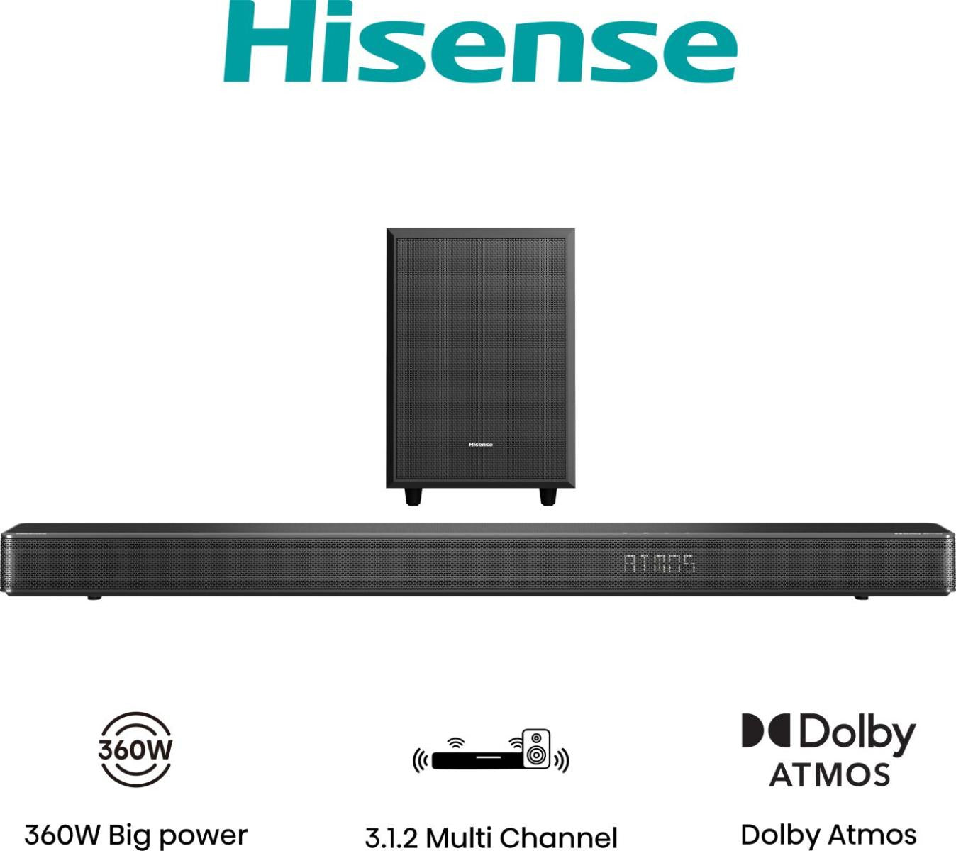 Hisense 3.1.2 Channel Sound Bar with Wireless Subwoofer Black