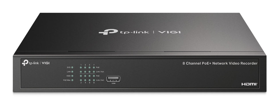 NVR TP-LINK VIGI VIGI NVR1008H-8P NVR POE 8 CANALES SALIDA DE VIDEO 4K GRABACION 24/7 AUDIO BIDIRECCIONAL ONVIF MONTAJE EN RACK PLUG AND PLAY DETECCION INTELIGENTE
